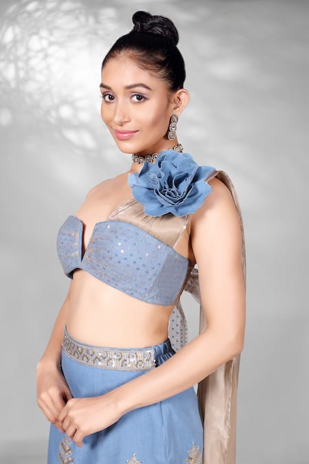 Anita Kanwal_Blue Soft Fine Denim Embellished Rose Applique Tube Top And Fish Skirt Set _at_Aza_Fashions