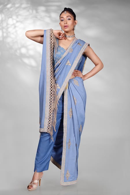 Anita Kanwal_Blue Satin Zari Pre-stitched Saree Set With Blouse Piece _Online_at_Aza_Fashions