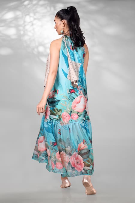 Shop Anita Kanwal Blue Georgette, Silk Embroidery, Sequins Halter Floral Digital Print Maxi Dress at Aza Fashions Shop_Anita Kanwal_Blue Georgette, Silk Embroidery, Sequins Halter Floral Digital Print Maxi Dress_at_Aza_Fashions