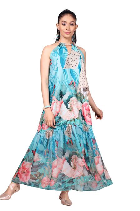 Anita Kanwal Blue Georgette, Silk Embroidery, Sequins Halter Floral Digital Print Maxi Dress Online at Aza Fashions Anita Kanwal_Blue Georgette, Silk Embroidery, Sequins Halter Floral Digital Print Maxi Dress_Online_at_Aza_Fashions