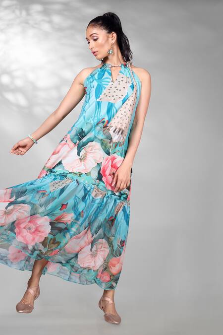 Buy Anita Kanwal Blue Georgette, Silk Embroidery, Sequins Halter Floral Digital Print Maxi Dress Online at Aza Fashions Buy_Anita Kanwal_Blue Georgette, Silk Embroidery, Sequins Halter Floral Digital Print Maxi Dress_Online_at_Aza_Fashions