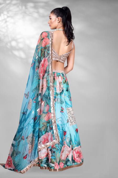 Shop_Anita Kanwal_Blue Georgette, Silk Sequins, Embroidery Floral Digital Print Lehenga Set_at_Aza_Fashions