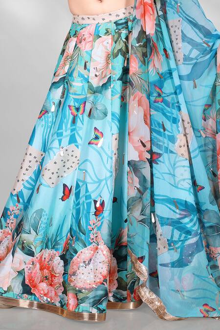 Anita Kanwal_Blue Georgette, Silk Sequins, Embroidery Floral Digital Print Lehenga Set_Online_at_Aza_Fashions