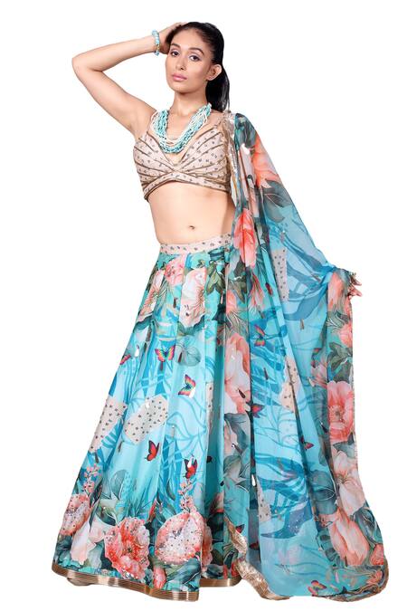 Buy_Anita Kanwal_Blue Georgette, Silk Sequins, Embroidery Floral Digital Print Lehenga Set_Online_at_Aza_Fashions