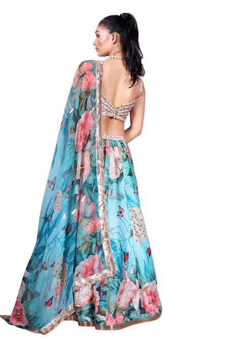 Anita Kanwal_Blue Georgette, Silk Sequins, Embroidery Floral Digital Print Lehenga Set_at_Aza_Fashions