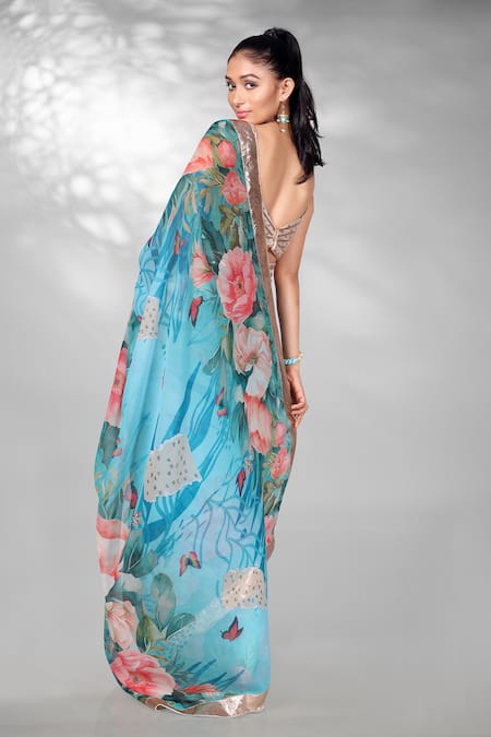 Shop Anita Kanwal Blue Georgette Floral Digital Print Saree With Unstitched Blouse Piece at Aza Fashions Shop_Anita Kanwal_Blue Georgette Floral Digital Print Saree With Unstitched Blouse Piece_at_Aza_Fashions