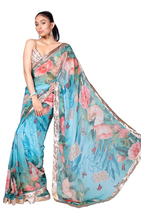 Anita Kanwal Blue Georgette Floral Digital Print Saree With Unstitched Blouse Piece Online at Aza Fashions Anita Kanwal_Blue Georgette Floral Digital Print Saree With Unstitched Blouse Piece_Online_at_Aza_Fashions