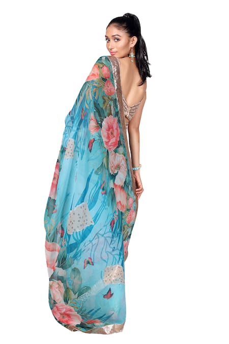 Buy Anita Kanwal Blue Georgette Floral Digital Print Saree With Unstitched Blouse Piece Online at Aza Fashions Buy_Anita Kanwal_Blue Georgette Floral Digital Print Saree With Unstitched Blouse Piece_Online_at_Aza_Fashions