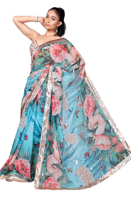 Anita Kanwal_Blue Georgette Sequins Floral Digital Pattern Saree With Unstitched Blouse Piece_Online_at_Aza_Fashions