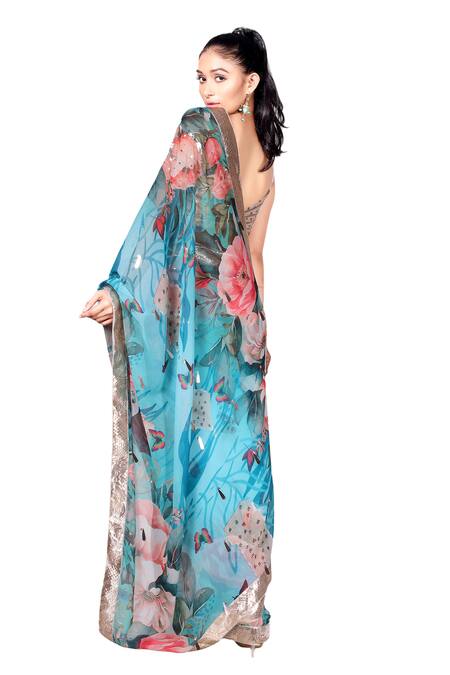 Buy_Anita Kanwal_Blue Georgette Sequins Floral Digital Pattern Saree With Unstitched Blouse Piece_Online_at_Aza_Fashions