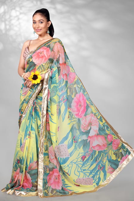 Anita Kanwal Floral Print Saree With Unstitched Blouse Piece 