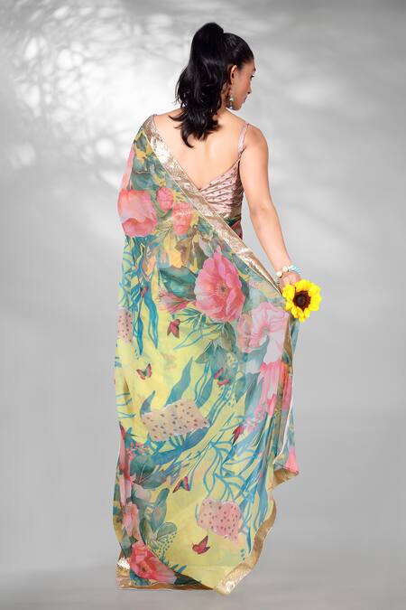 Shop Anita Kanwal Yellow Georgette Floral Print Saree And Unstitched Blouse at Aza Fashions Shop_Anita Kanwal_Yellow Georgette Floral Print Saree And Unstitched Blouse_at_Aza_Fashions