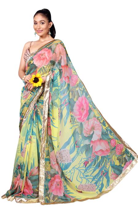 Anita Kanwal Yellow Georgette Floral Print Saree And Unstitched Blouse Online at Aza Fashions Anita Kanwal_Yellow Georgette Floral Print Saree And Unstitched Blouse_Online_at_Aza_Fashions