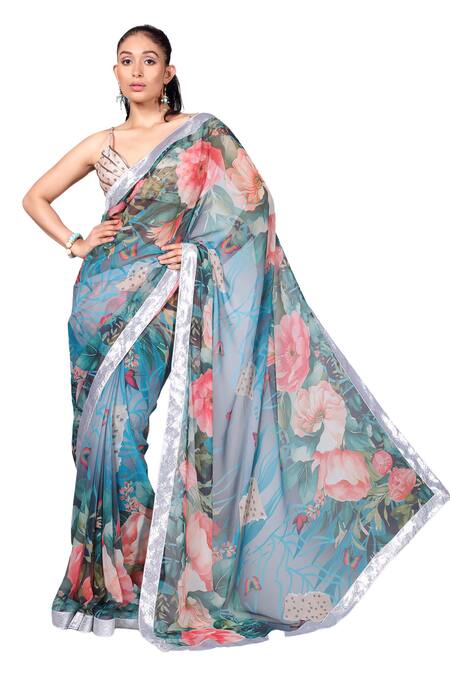 Anita Kanwal_Grey Georgette Embroidery Floral Pattern Saree With Unstitched Blouse Piece _Online_at_Aza_Fashions