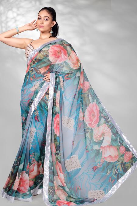 Buy_Anita Kanwal_Grey Georgette Embroidery Floral Pattern Saree With Unstitched Blouse Piece _Online_at_Aza_Fashions