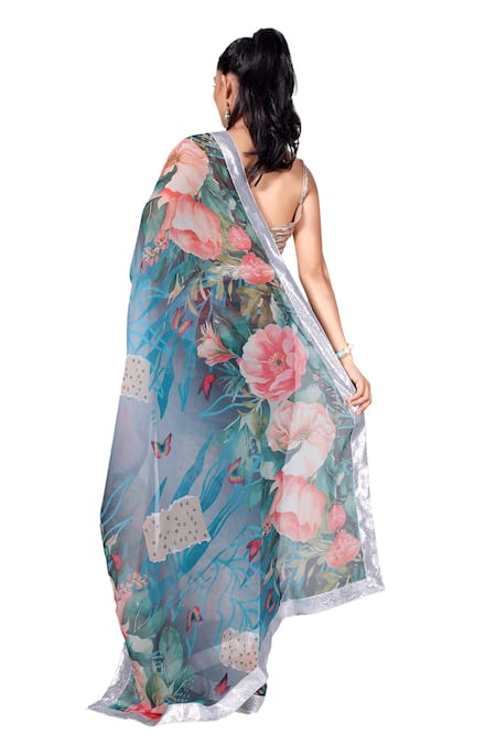 Shop_Anita Kanwal_Grey Georgette Embroidery Floral Pattern Saree With Unstitched Blouse Piece _Online_at_Aza_Fashions
