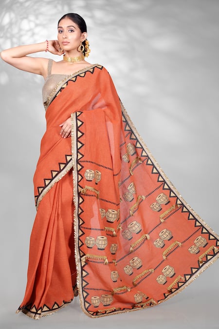 Anita Kanwal Orange Jute Block Printed Tabla Saree With Unstitched Blouse Piece