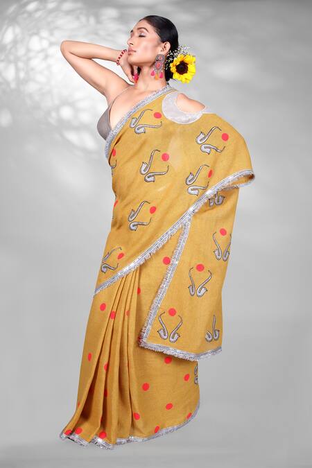 Anita Kanwal_Yellow Jacquard, Jersey Trumpet Block Print Saree With Unstitched Blouse Piece _Online_at_Aza_Fashions