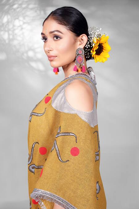 Buy_Anita Kanwal_Yellow Jacquard, Jersey Trumpet Block Print Saree With Unstitched Blouse Piece _Online_at_Aza_Fashions