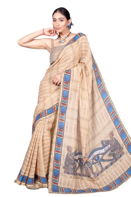 Anita Kanwal_Beige Jersey Sequins Egyptian Digital Print Saree With Unstitched Blouse Piece_Online_at_Aza_Fashions
