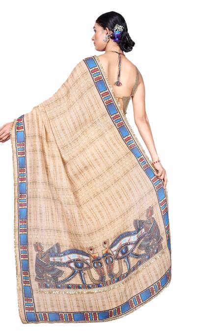 Shop_Anita Kanwal_Beige Jersey Sequins Egyptian Digital Print Saree With Unstitched Blouse Piece_Online_at_Aza_Fashions