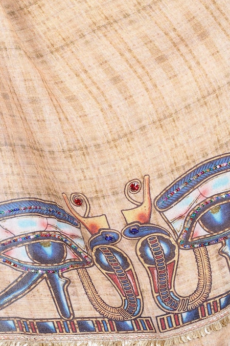 Anita Kanwal_Beige Jersey Sequins Egyptian Digital Print Saree With Unstitched Blouse Piece_at_Aza_Fashions