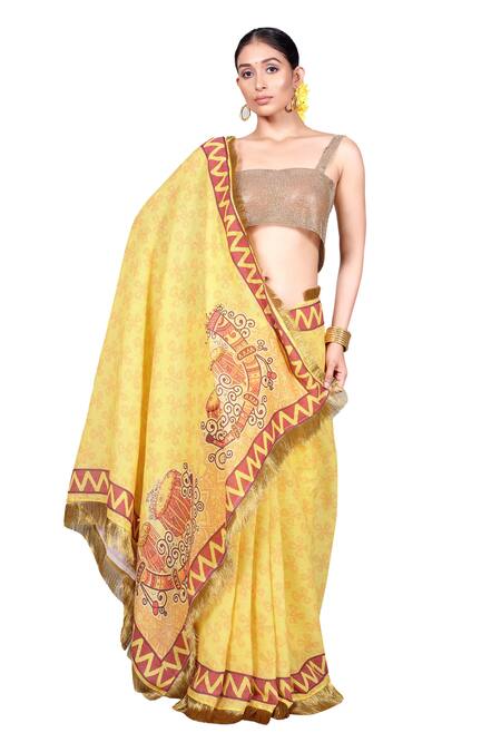 Anita Kanwal_Yellow Jacquard Sequins, Egyptian Print Saree With Unstitched Blouse Piece _Online_at_Aza_Fashions