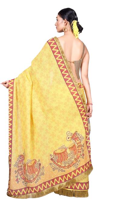 Buy_Anita Kanwal_Yellow Jacquard Sequins, Egyptian Print Saree With Unstitched Blouse Piece _Online_at_Aza_Fashions