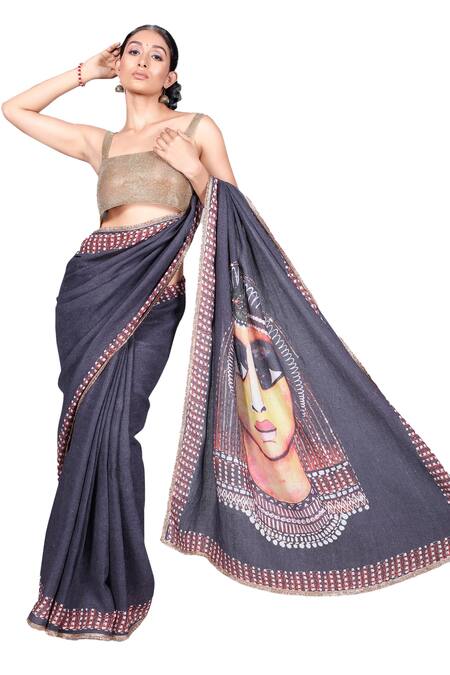 Anita Kanwal_Black Jacquard, Egyptian Digital Pattern Saree With Unstitched Blouse Piece _Online_at_Aza_Fashions