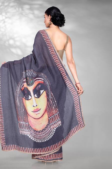 Buy_Anita Kanwal_Black Jacquard, Egyptian Digital Pattern Saree With Unstitched Blouse Piece _Online_at_Aza_Fashions