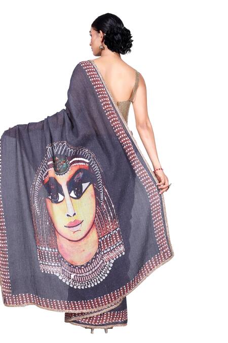 Shop_Anita Kanwal_Black Jacquard, Egyptian Digital Pattern Saree With Unstitched Blouse Piece _Online_at_Aza_Fashions