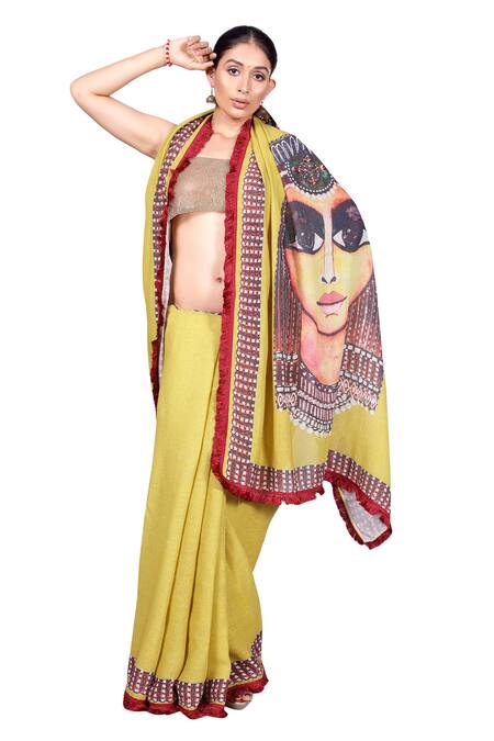 Anita Kanwal_Green Jacquard, Jersey Egyptian Pattern Saree With Unstitched Blouse Piece _Online_at_Aza_Fashions