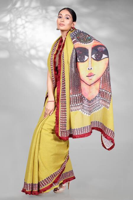Buy_Anita Kanwal_Green Jacquard, Jersey Egyptian Pattern Saree With Unstitched Blouse Piece _Online_at_Aza_Fashions