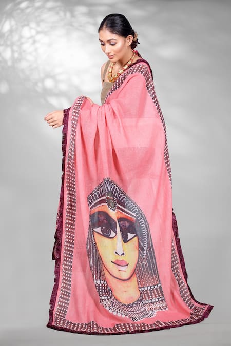 Buy_Anita Kanwal_Red Jersey, Jacquard Printed And Embroidered Saree With Unstitched Blouse Piece _Online_at_Aza_Fashions