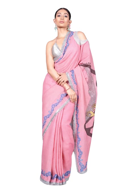 Anita Kanwal_Pink Jersey Sequins Embroidered And Printed Saree With Unstitched Blouse Piece _Online_at_Aza_Fashions