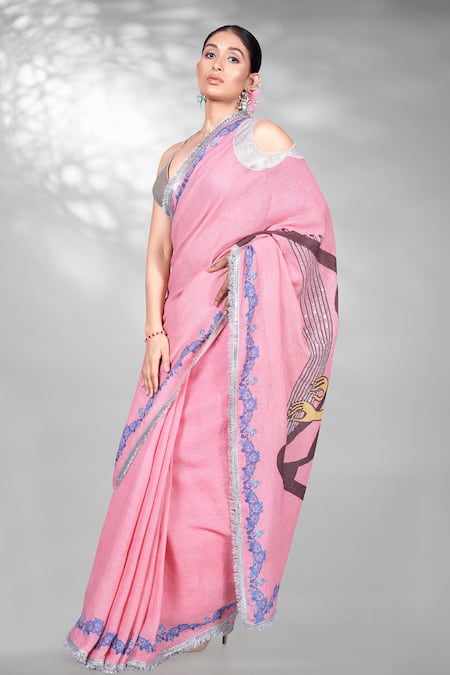 Buy_Anita Kanwal_Pink Jersey Sequins Embroidered And Printed Saree With Unstitched Blouse Piece _Online_at_Aza_Fashions
