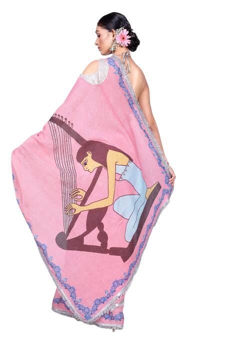 Shop_Anita Kanwal_Pink Jersey Sequins Embroidered And Printed Saree With Unstitched Blouse Piece _Online_at_Aza_Fashions
