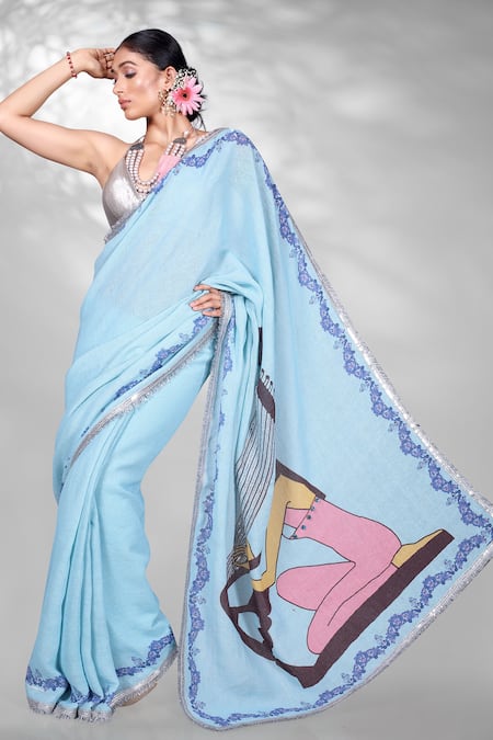 Anita Kanwal Blue Jute Digital Printed Egyptian Saree With Unstitched Blouse Piece 