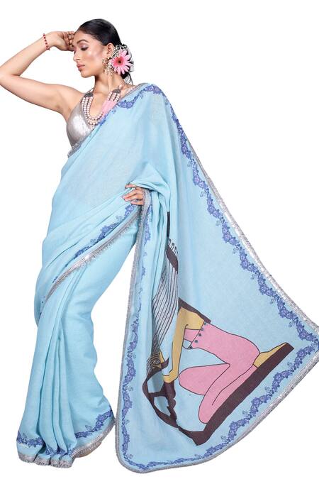 Anita Kanwal Blue Jersey Sequins Printed Saree With Unstitched Blouse Piece Online at Aza Fashions Anita Kanwal_Blue Jersey Sequins Printed Saree With Unstitched Blouse Piece _Online_at_Aza_Fashions