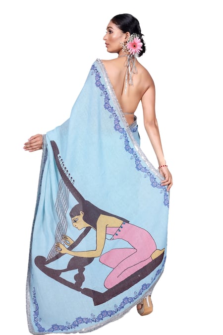 Buy Anita Kanwal Blue Jersey Sequins Printed Saree With Unstitched Blouse Piece Online at Aza Fashions Buy_Anita Kanwal_Blue Jersey Sequins Printed Saree With Unstitched Blouse Piece _Online_at_Aza_Fashions