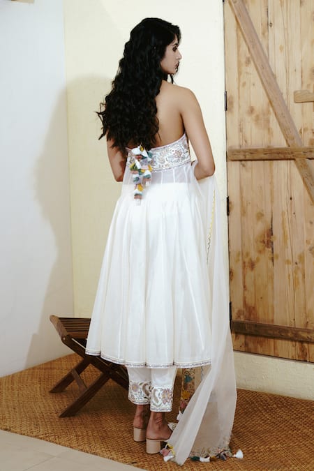 Shop Wabi Sabi By Anshum-Ritesh Ivory Chanderi Embroidery Halter Neck Santorini Sunset Anarkali Pant Set at Aza Fashions Shop_Wabi Sabi By Anshum-Ritesh_Ivory Chanderi Embroidery Halter Neck Santorini Sunset Anarkali Pant Set _at_Aza_Fashions
