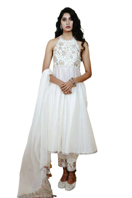 Buy Wabi Sabi By Anshum-Ritesh Ivory Chanderi Embroidery Halter Neck Santorini Sunset Anarkali Pant Set Online at Aza Fashions Buy_Wabi Sabi By Anshum-Ritesh_Ivory Chanderi Embroidery Halter Neck Santorini Sunset Anarkali Pant Set _Online_at_Aza_Fashions