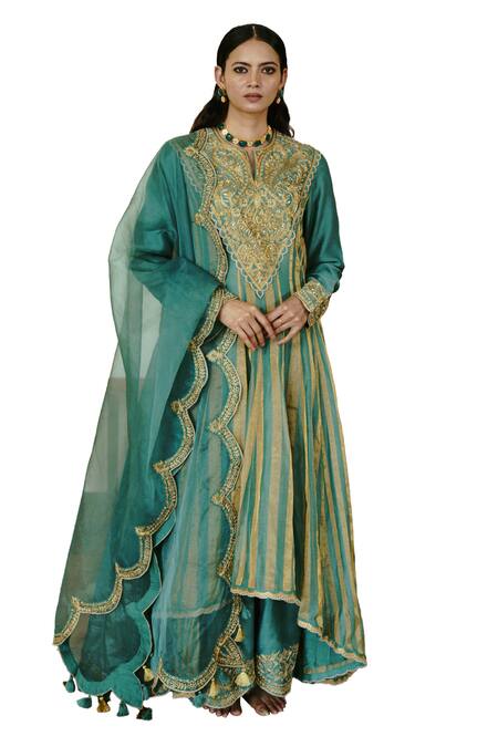 Shop Wabi Sabi By Anshum-Ritesh Green Chanderi Sequins, Diamonds Split V-neck High-low Embroidered Anarkali Set Online at Aza Fashions Shop_Wabi Sabi By Anshum-Ritesh_Green Chanderi Sequins, Diamonds Split V-neck High-low Embroidered Anarkali Set _Online_at_Aza_Fashions