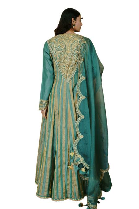 Wabi Sabi By Anshum-Ritesh Green Chanderi Sequins, Diamonds Split V-neck High-low Embroidered Anarkali Set at Aza Fashions Wabi Sabi By Anshum-Ritesh_Green Chanderi Sequins, Diamonds Split V-neck High-low Embroidered Anarkali Set _at_Aza_Fashions