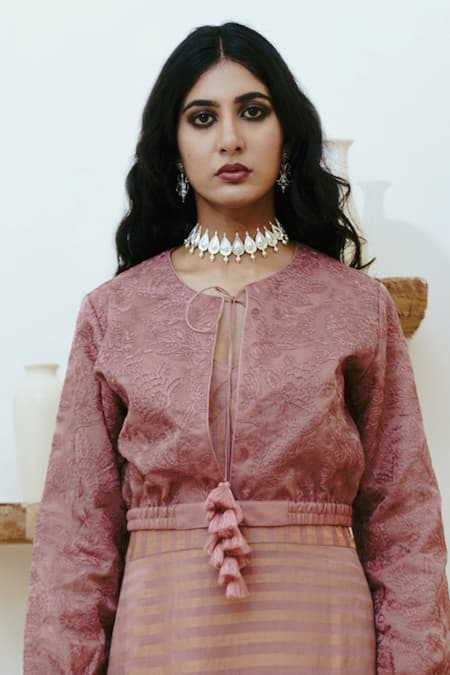 Wabi Sabi By Anshum-Ritesh Pink Chanderi Embroidery Candy Floss Bomber Jacket With Woven Anarkali Online at Aza Fashions Wabi Sabi By Anshum-Ritesh_Pink Chanderi Embroidery Candy Floss Bomber Jacket With Woven Anarkali _Online_at_Aza_Fashions
