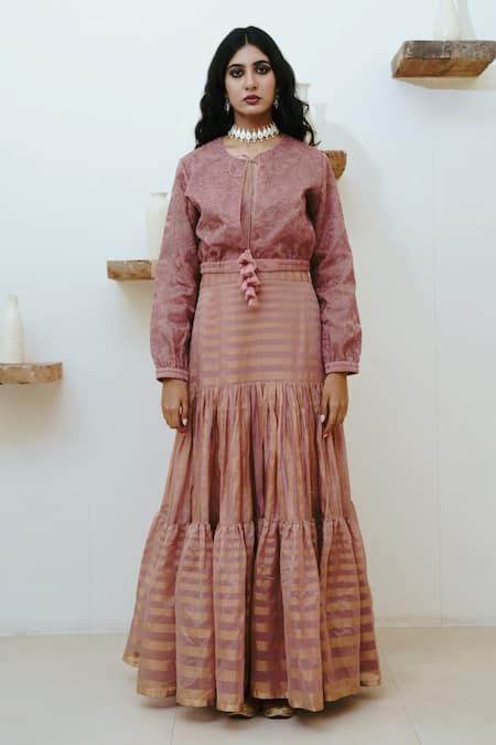 Shop Wabi Sabi By Anshum-Ritesh Pink Chanderi Embroidery Candy Floss Bomber Jacket With Woven Anarkali Online at Aza Fashions Shop_Wabi Sabi By Anshum-Ritesh_Pink Chanderi Embroidery Candy Floss Bomber Jacket With Woven Anarkali _Online_at_Aza_Fashions