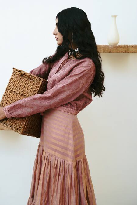 Wabi Sabi By Anshum-Ritesh Pink Chanderi Embroidery Candy Floss Bomber Jacket With Woven Anarkali at Aza Fashions Wabi Sabi By Anshum-Ritesh_Pink Chanderi Embroidery Candy Floss Bomber Jacket With Woven Anarkali _at_Aza_Fashions