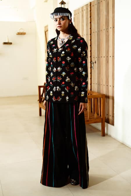 Shop_Wabi Sabi By Anshum-Ritesh_Black Cotton, Silk Embroidery V-neck Garden City Jacket With Flared Pant _at_Aza_Fashions