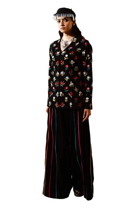 Shop_Wabi Sabi By Anshum-Ritesh_Black Cotton, Silk Embroidery V-neck Garden City Jacket With Flared Pant _Online_at_Aza_Fashions