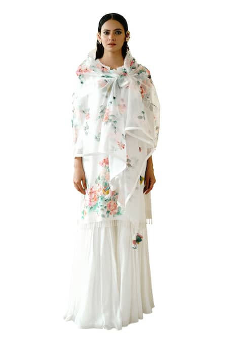 Shop Wabi Sabi By Anshum-Ritesh Ivory Georgette Beads, Tassels Spring Blossom Handpainted Kurta Sharara Set Online at Aza Fashions Shop_Wabi Sabi By Anshum-Ritesh_Ivory Georgette Beads, Tassels Spring Blossom Handpainted Kurta Sharara Set _Online_at_Aza_Fashions